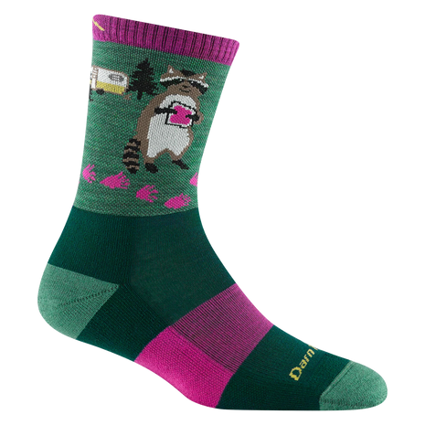 Critter Club Micro Crew Lightweight w/ Cushion Hiking Sock - Women by Darn Tough in green and purple with forest animal design, lightweight cushioned hiking sock ideal for casual outdoor walks and day hikes