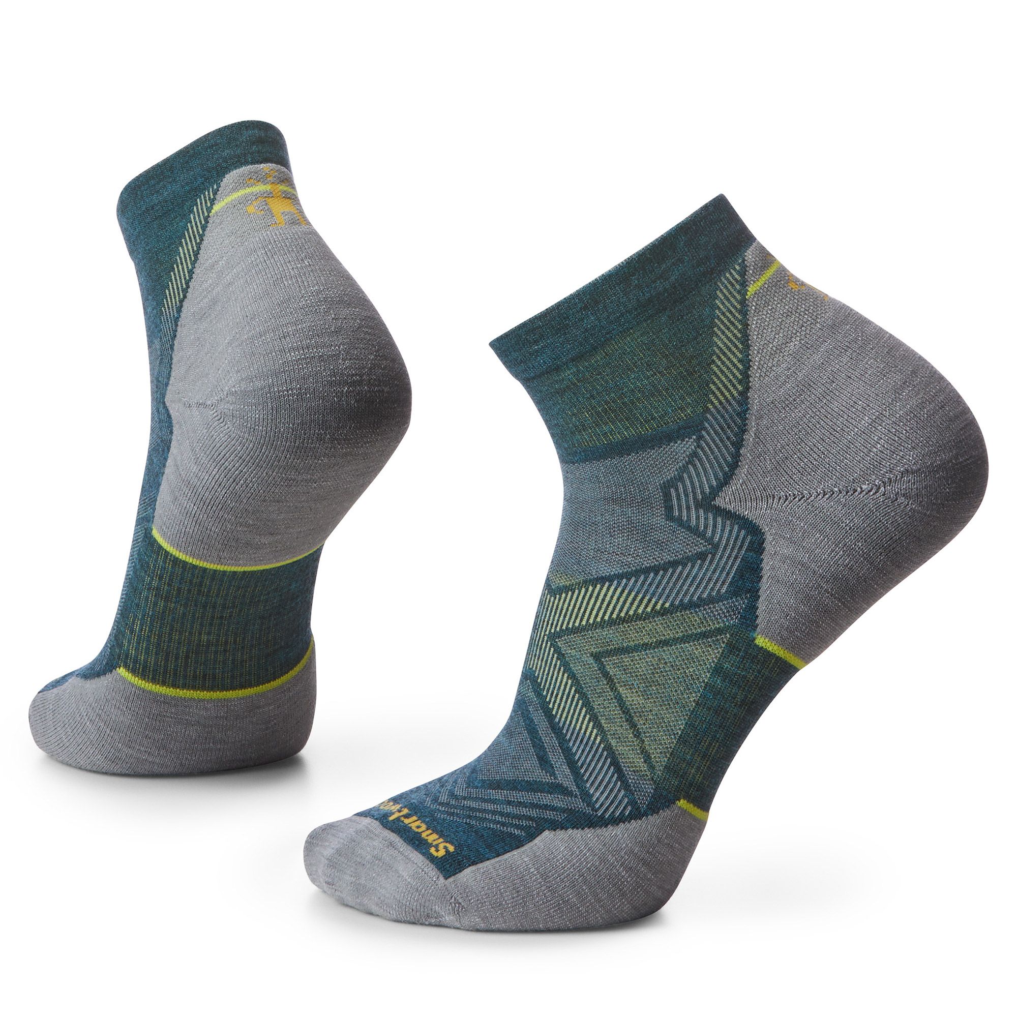 Run Targeted Cushion Ankle Socks by SmartWool in grey and teal with targeted cushioning for impact zones, ideal for men’s running comfort