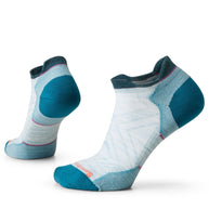 Run Zero Cushion Low Ankle Socks - Women by SmartWool in white and teal with seamless toe and breathable mesh for running comfort