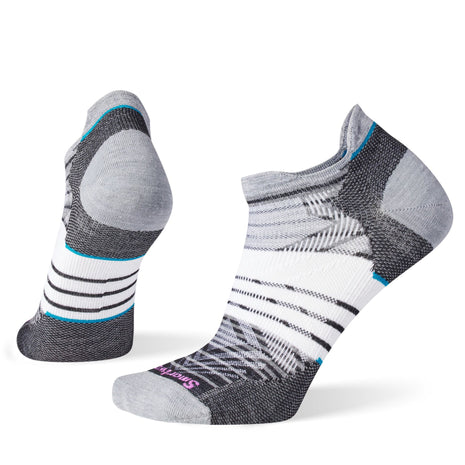Run Zero Cushion Stripe Low Ankle Socks - Women by SmartWool in grey and white, breathable, durable running socks with Virtually Seamless™ toe