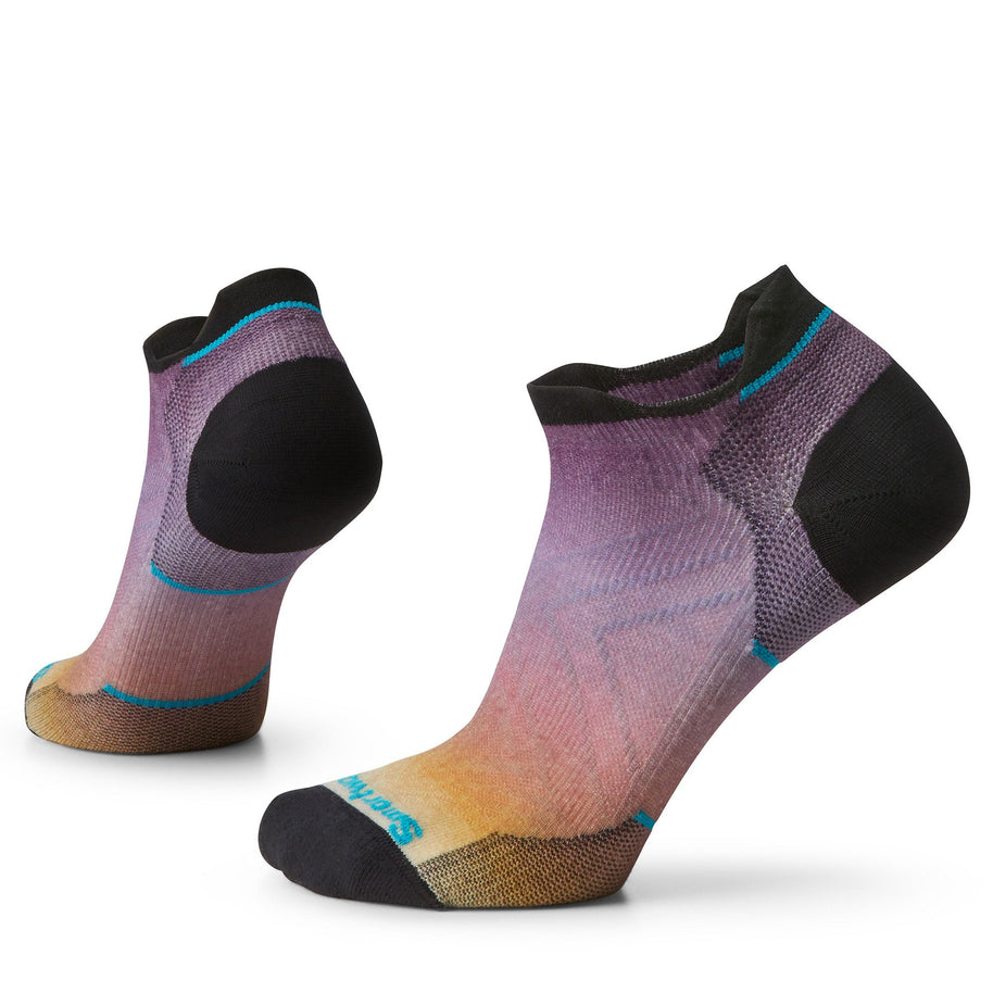 Run Zero Cushion Ombre Print Low Ankle Socks - Women by SmartWool in purple and orange, cushioned, durable, with 4 Degree elite fit for running comfort