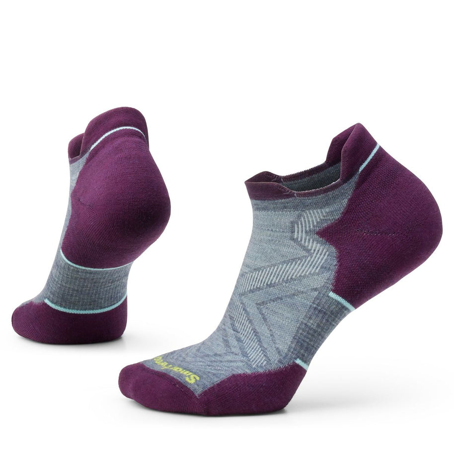 Run Targeted Cushion Low Ankle Socks - Women by SmartWool in grey and purple, cushioned for comfortable running and everyday use