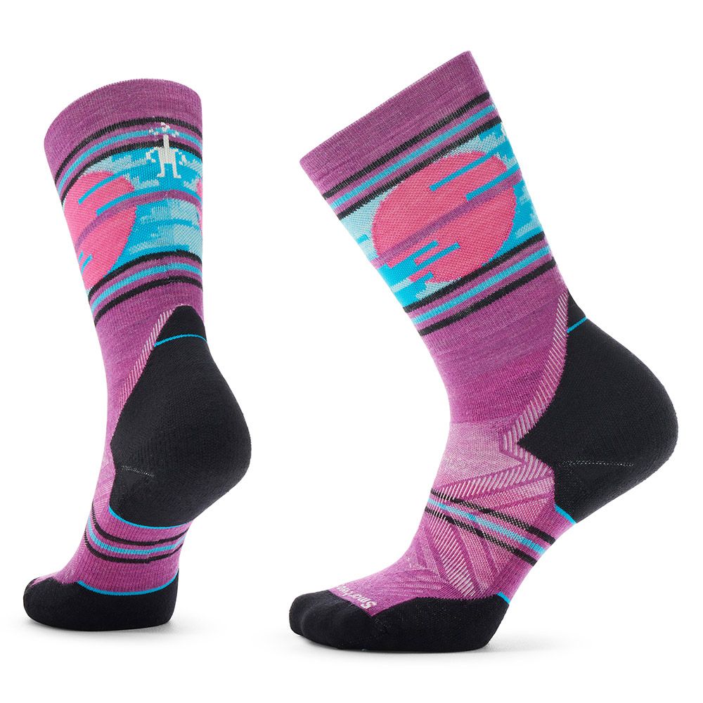 Trail Run Targeted Cushion Sunset Trail Crew Socks - Women by SmartWool in purple with pink and blue, cushioned fit for trail running comfort and performance