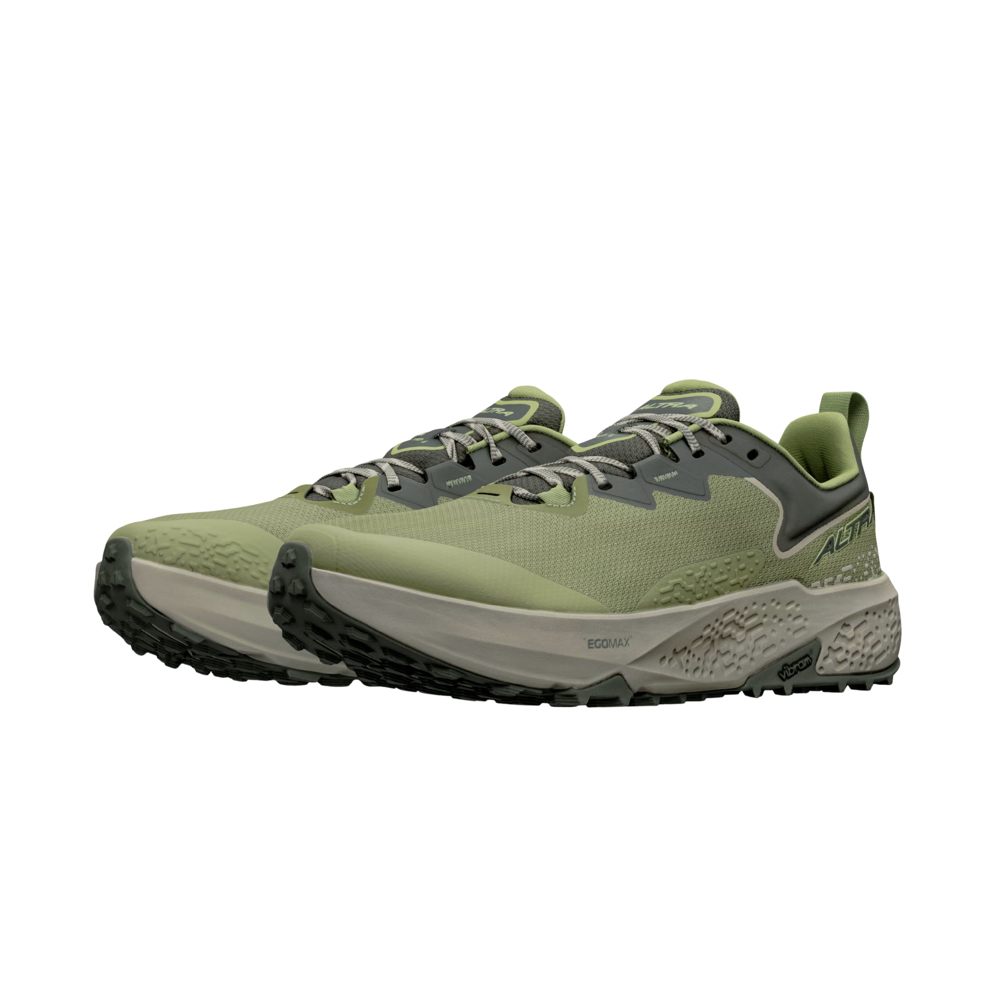 Timp 6 - Men by Altra Footwear in green and grey with sticky outsole and soft rolled mesh upper, durable trail running shoe for rugged terrain