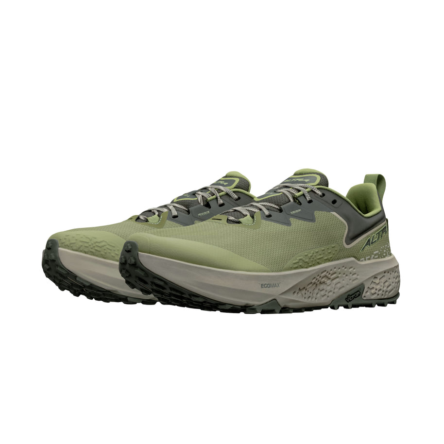 Timp 6 - Men by Altra Footwear in green and grey with sticky outsole and soft rolled mesh upper, durable trail running shoe for rugged terrain