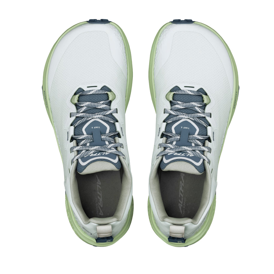 Timp 6 - Women by Altra Footwear in white and green with soft rolled mesh upper and sticky outsole for durable trail running and outdoor use