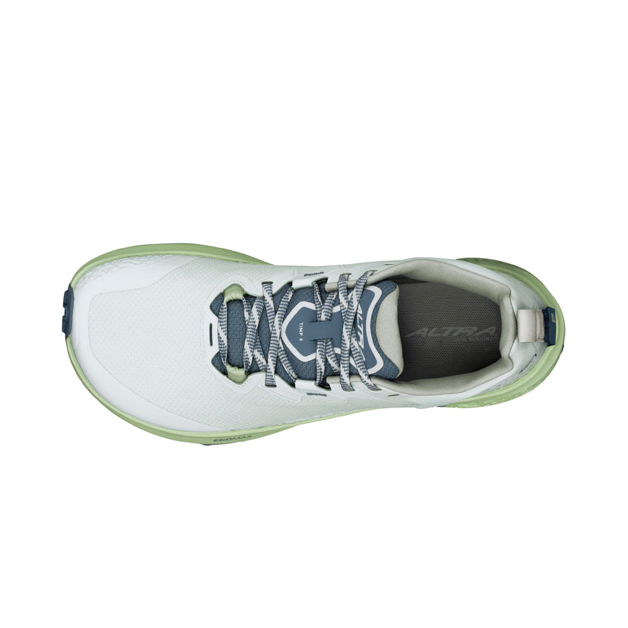 Timp 6 - Women by Altra Footwear in white and green with soft rolled mesh upper and sticky outsole for durable trail running and outdoor use