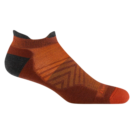 Run No Show Tab Ultra-Lightweight w/Cushion Running Sock - Men by Darn Tough in orange and black with Merino wool for blister protection and sweat-wicking