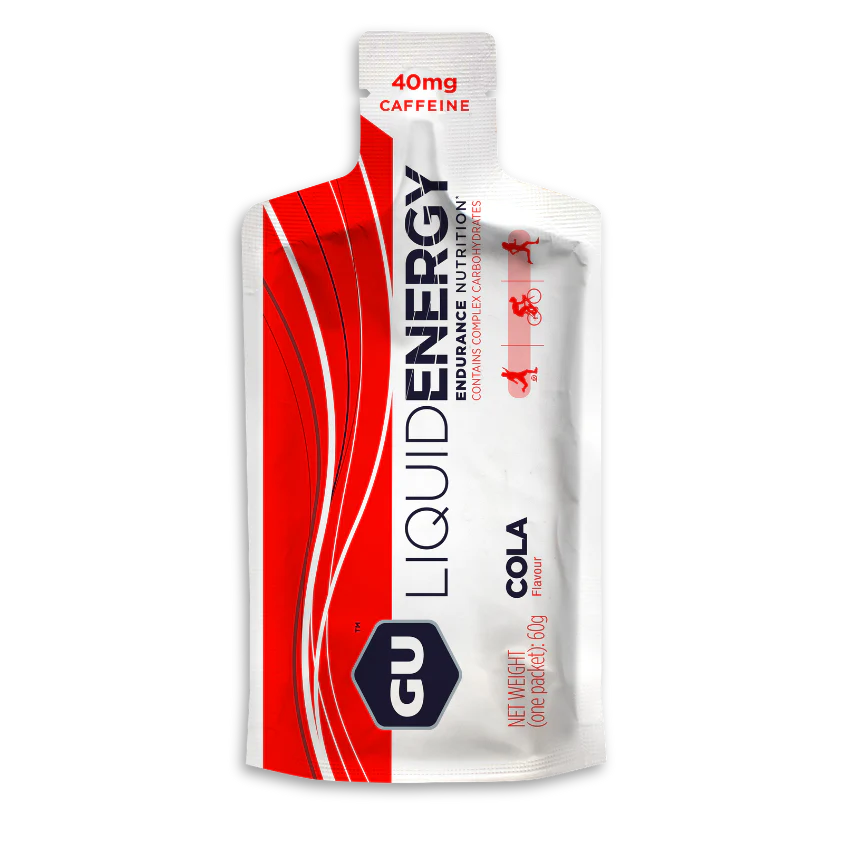 Liquid Energy Gel Cola by GU Energy in white and red, liquid carbohydrate gel with 40mg caffeine for endurance nutrition and running fuel