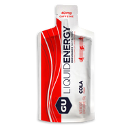 Liquid Energy Gel Cola by GU Energy in white and red, liquid carbohydrate gel with 40mg caffeine for endurance nutrition and running fuel