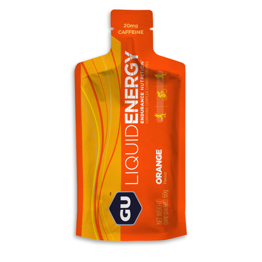 Liquid Energy Gel by GU Energy in orange, smooth liquid carbohydrates with caffeine for fast energy during running and endurance sports