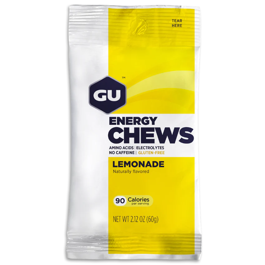 Energy Chews Lemonade by GU Energy, yellow and white electrolyte and amino acid nutrition chews for sustained energy during running and activity