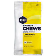 Energy Chews Lemonade by GU Energy, yellow and white electrolyte and amino acid nutrition chews for sustained energy during running and activity