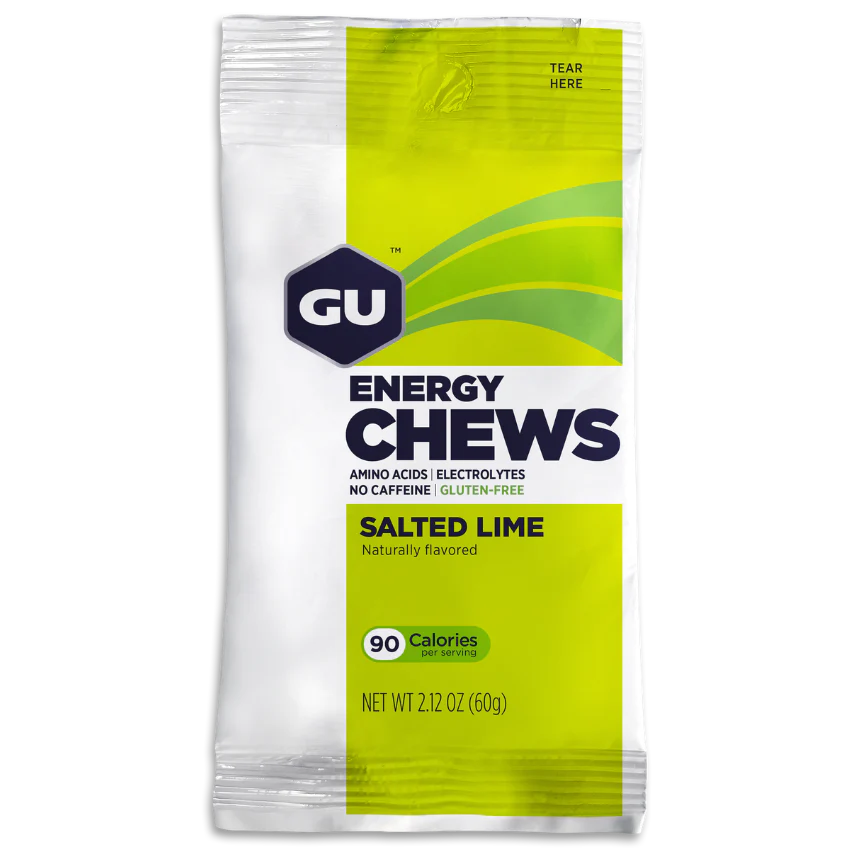 Energy Chews Salted Lime by GU Energy in green and white packaging with electrolytes and amino acids for sustained outdoor energy