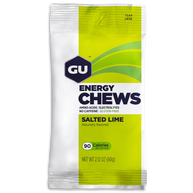 Energy Chews Salted Lime by GU Energy in green and white packaging with electrolytes and amino acids for sustained outdoor energy