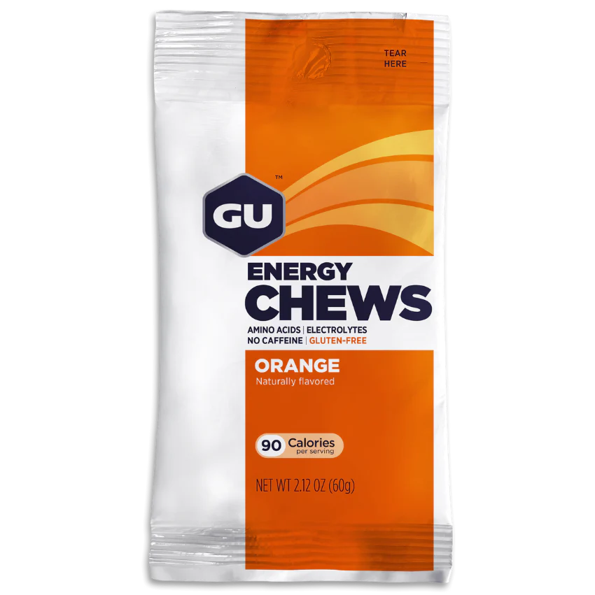 Energy Chews by GU Energy in orange, citrus-flavored nutrition with amino acids and electrolytes, caffeine-free and gluten-free for endurance activities
