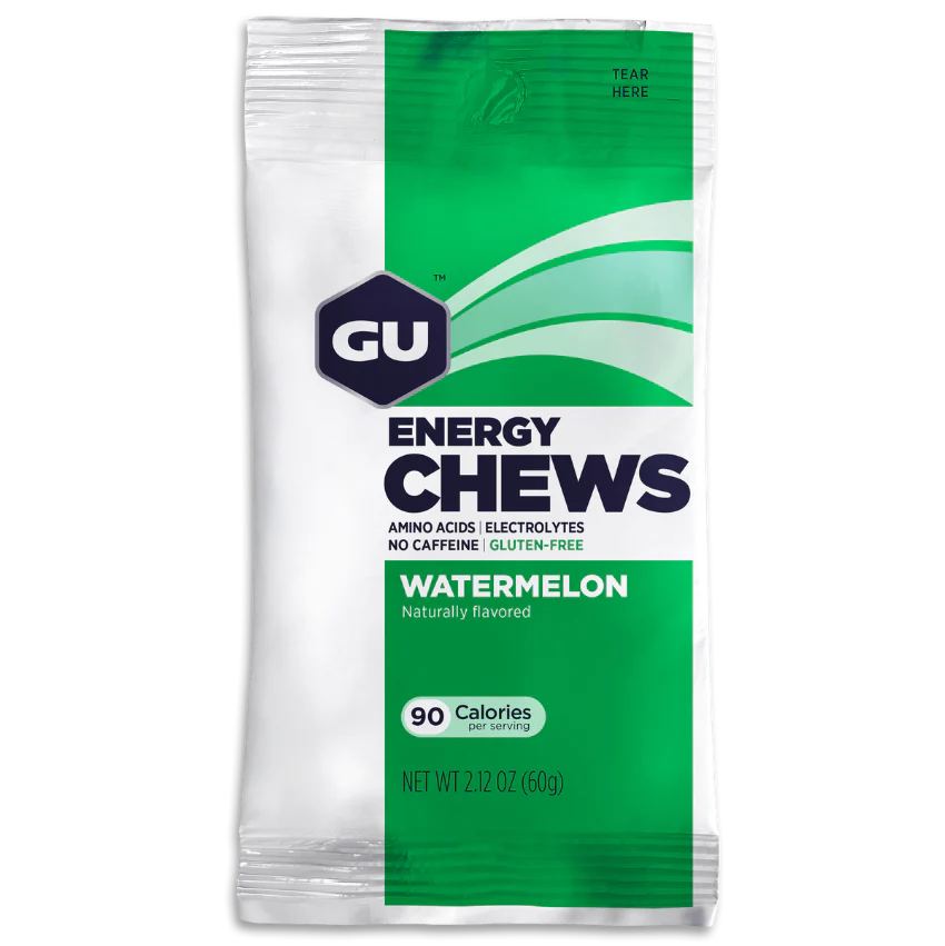 Energy Chews Watermelon by GU Energy in green and white packaging with amino acids and electrolytes for sustained running nutrition