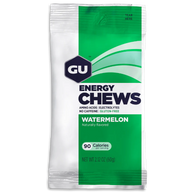 Energy Chews Watermelon by GU Energy in green and white packaging with amino acids and electrolytes for sustained running nutrition