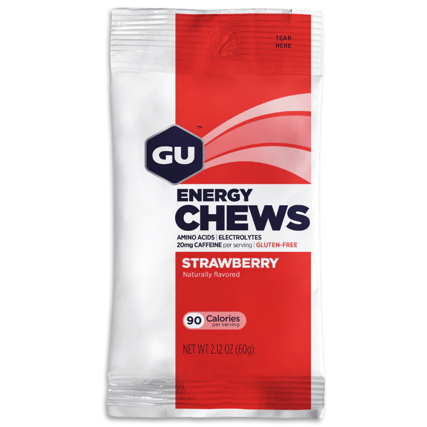 Energy Chews by GU Energy in red and white strawberry flavor, gluten-free chewy nutrition with electrolytes and caffeine for running and active use