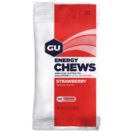 Energy Chews by GU Energy in red and white strawberry flavor, gluten-free chewy nutrition with electrolytes and caffeine for running and active use