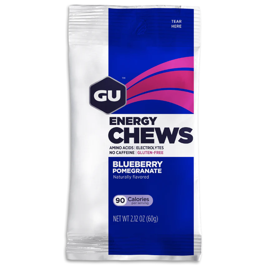 Energy Chews Blueberry Pomegranate by GU Energy in blue and white pack, amino acids and electrolytes for running and endurance activities