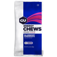 Energy Chews Blueberry Pomegranate by GU Energy in blue and white pack, amino acids and electrolytes for running and endurance activities