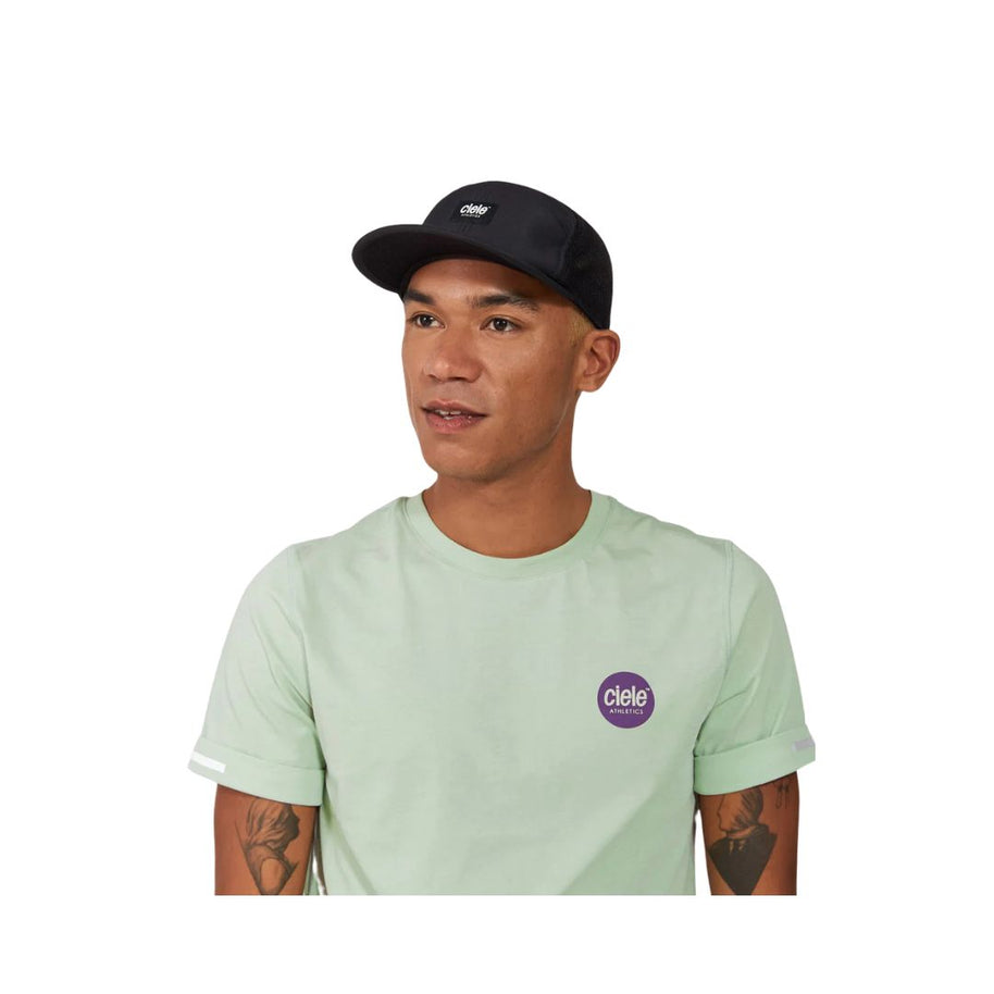 TRKCap SC - Box by Ciele in black with curved brim, pinched crown, and COOLmatic 3D air mesh for technical headwear use in running and outdoor activities