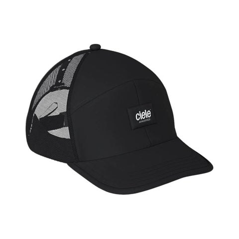 TRKCap SC - Box by Ciele in black technical trucker cap with curved brim, pinched crown, COOLmatic 3D air mesh for running and outdoor use
