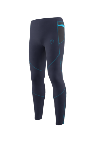 Primal Pant - Men by La Sportiva in dark blue with turquoise accents, wind and mud-resistant technical tight pants for cold weather trail running
