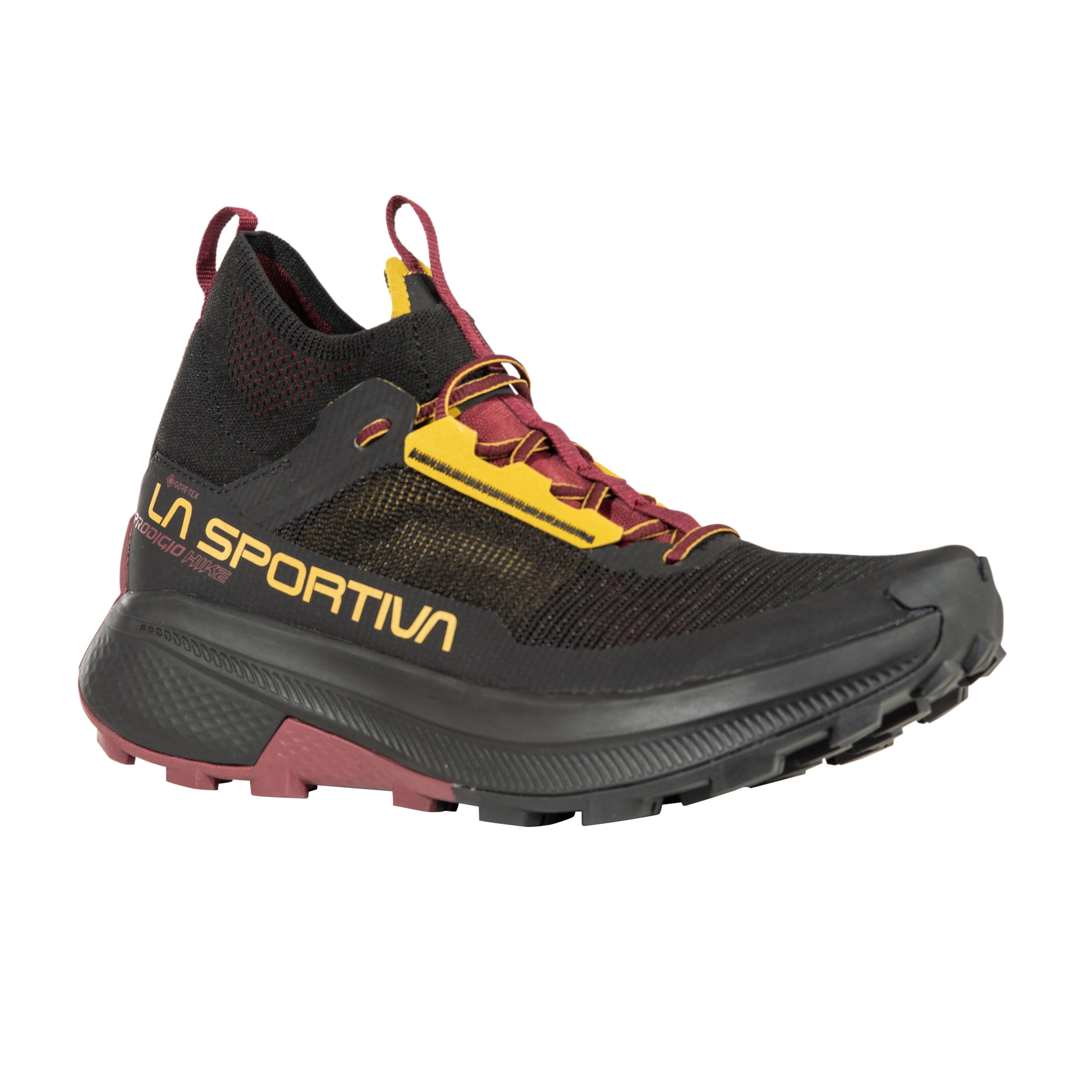 Prodigio Hike GTX - Men by La Sportiva in black, burgundy, and yellow durable hiking shoe for mountain terrain and rugged trails