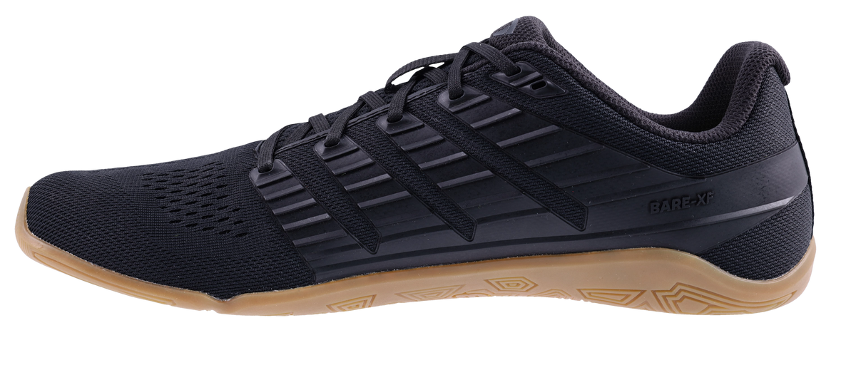 Inov8 Bare-XF V2 Wide women's training shoe in Black/Gum, inner side view of black mesh upper