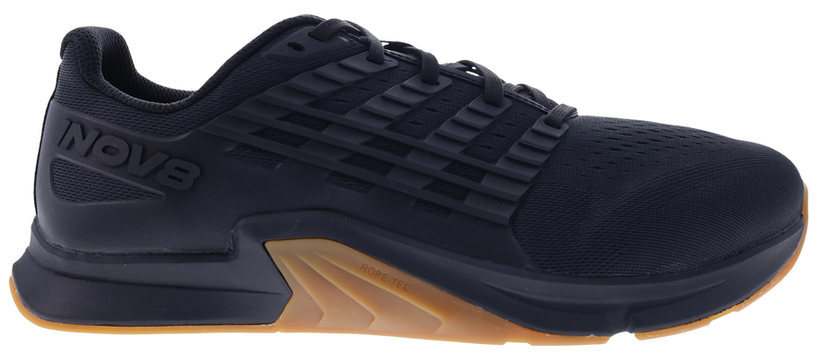 Inov8 F-Lite Wide women's training shoe in Black/Gum, side view of black upper with gum rubber sole