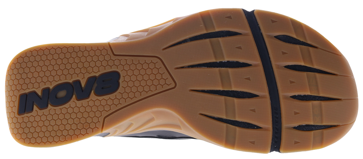 Outsole of the Inov8 F-Lite Wide women's training shoe in Black/Gum, gum rubber with black Inov8 logo