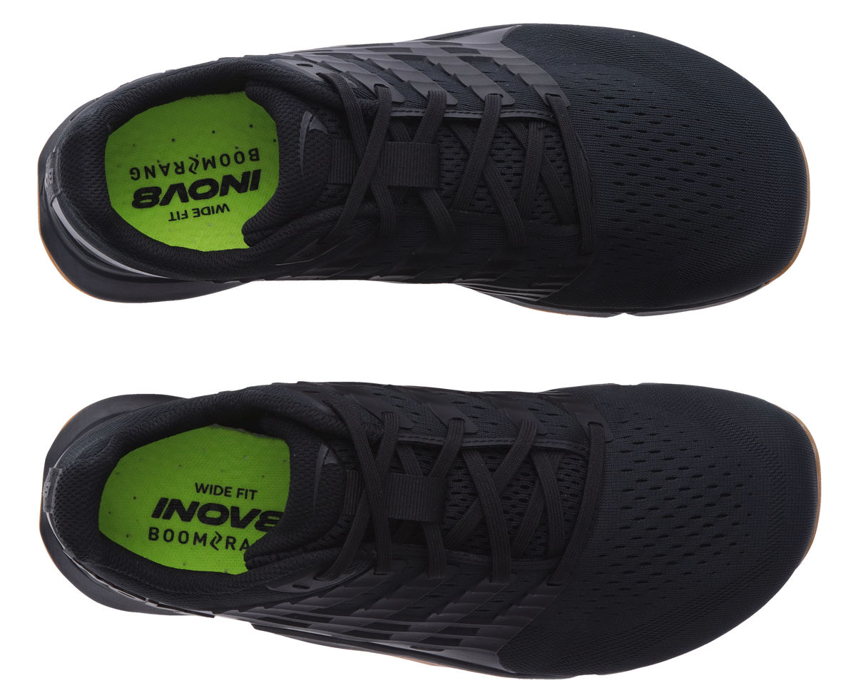 Top-down view of a pair of Inov8 F-Lite Wide women's training shoes in Black/Gum with lime Wide Fit insoles