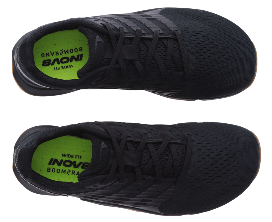 Top-down view of a pair of Inov8 F-Lite Wide women's training shoes in Black/Gum with lime Wide Fit insoles