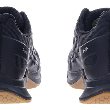 Back view of a pair of Inov8 F-Lite Wide women's training shoes in Black/Gum with black heels and gum soles