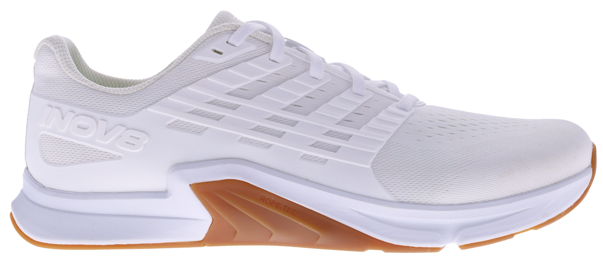 Inov8 F-Lite Wide women's training shoe in White/Gum, side view of white upper with gum rubber sole