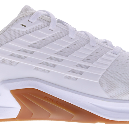 Inov8 F-Lite Wide women's training shoe in White/Gum, side view of white upper with gum rubber sole