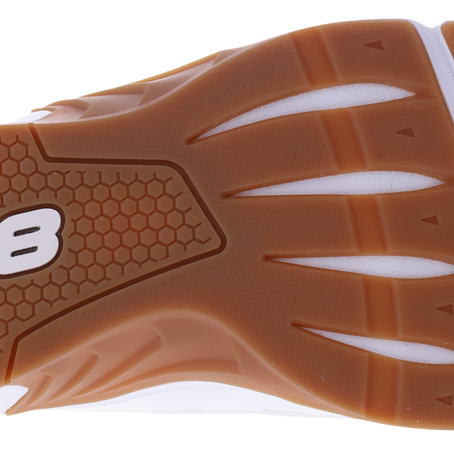 Outsole of the Inov8 F-Lite Wide women's training shoe in White/Gum, gum rubber with white Inov8 logo