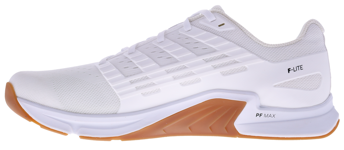 Inner side view of the Inov8 F-Lite Wide women's training shoe in White/Gum with white mesh and gum sole