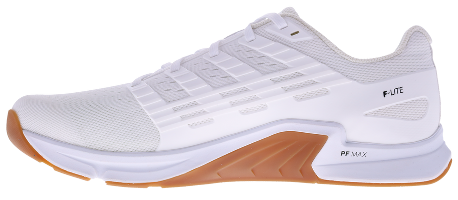 Inner side view of the Inov8 F-Lite Wide women's training shoe in White/Gum with white mesh and gum sole