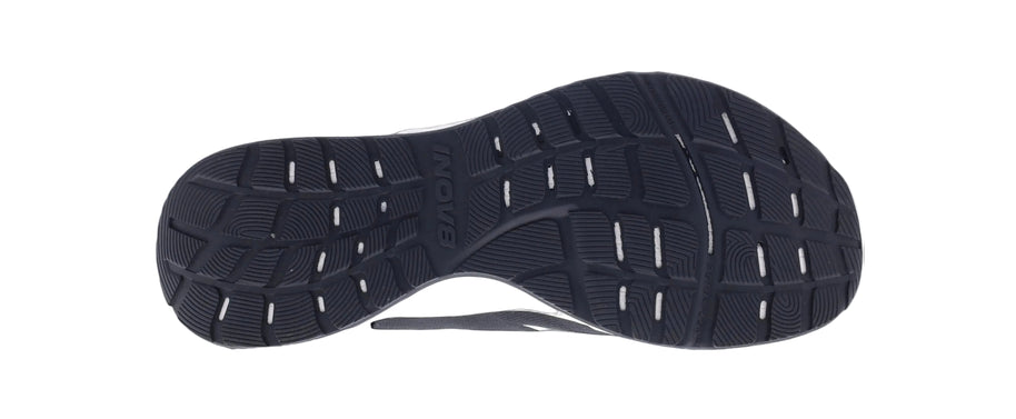 Inov8 RoadFly men's road running shoe outsole in black rubber with white tread lines