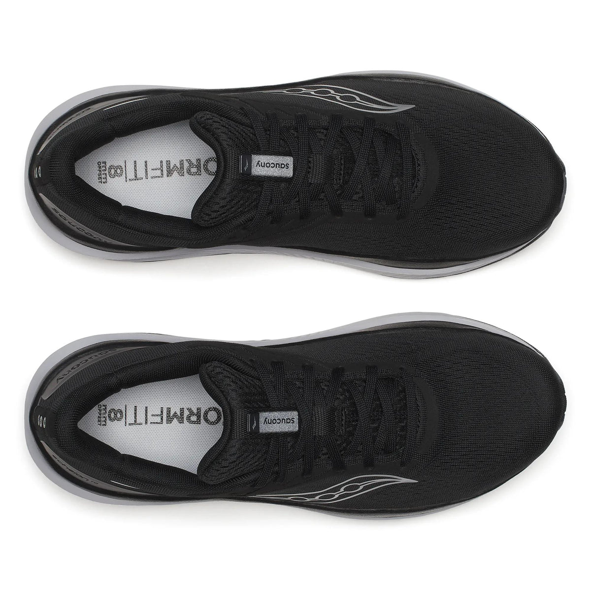 Pair of Saucony Echelon 10 X Wide men's road running shoes in Black/Silver, top-down view of black uppers