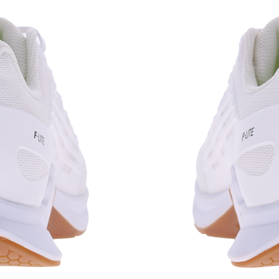 Back view of a pair of Inov8 F-Lite Wide women's training shoes in White/Gum with white heels and gum soles