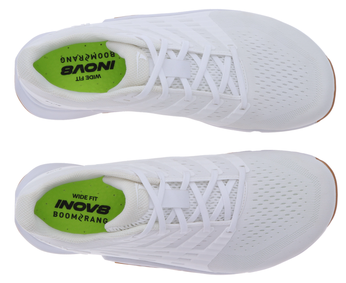 Top-down view of a pair of Inov8 F-Lite Wide women's training shoes in White/Gum with lime Wide Fit insoles