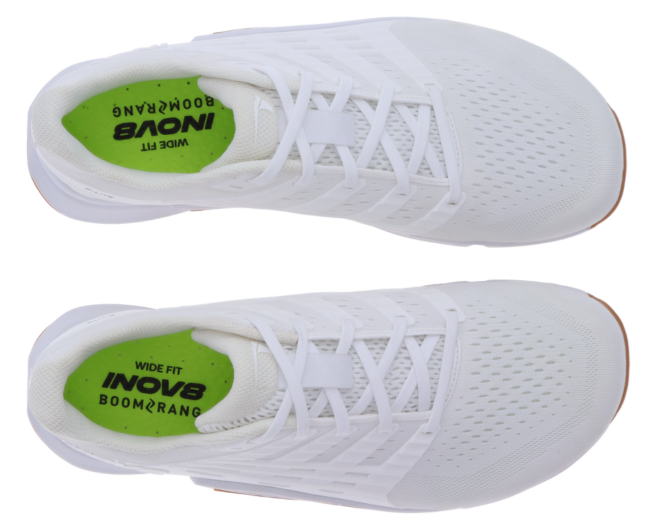 Top-down view of a pair of Inov8 F-Lite Wide women's training shoes in White/Gum with lime Wide Fit insoles