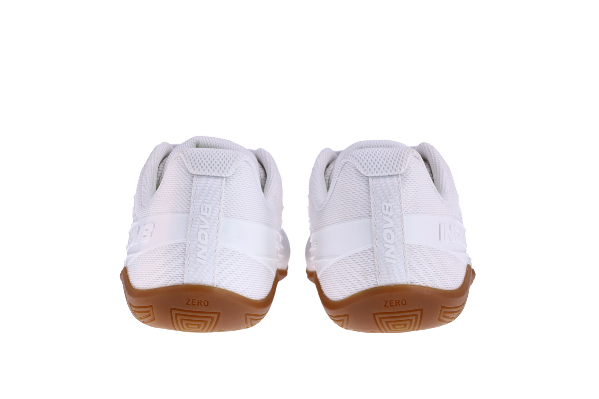 Pair of Inov8 Bare-XF V2 Wide women's training shoes in White/Gum, back view of heels and gum soles
