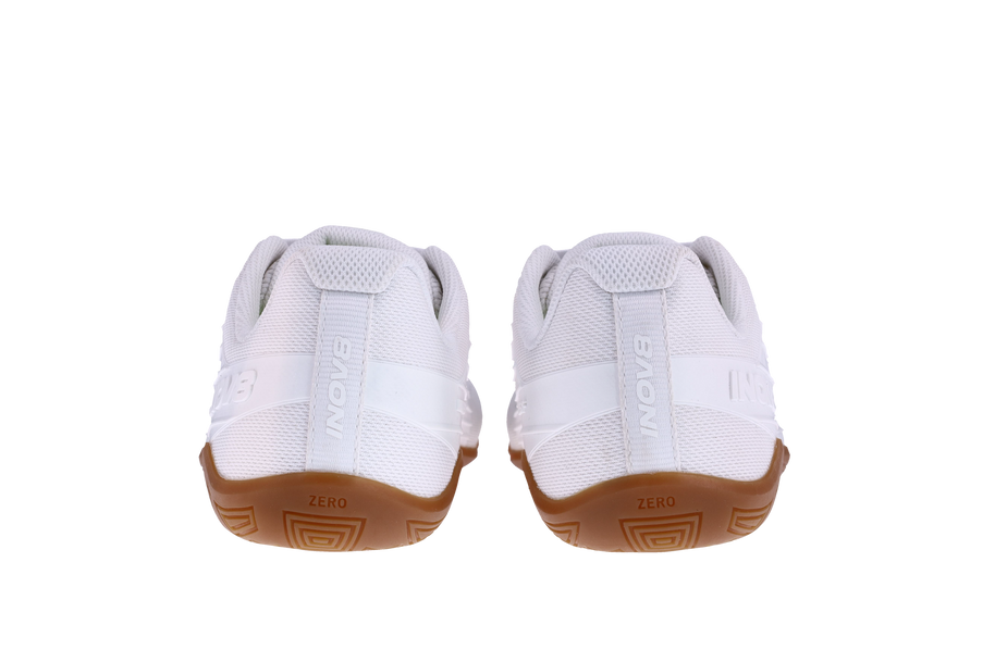 Pair of Inov8 Bare-XF V2 Wide women's training shoes in White/Gum, back view of heels and gum soles