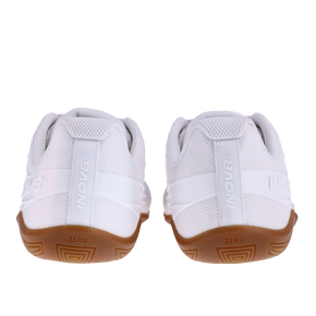 Pair of Inov8 Bare-XF V2 Wide women's training shoes in White/Gum, back view of heels and gum soles