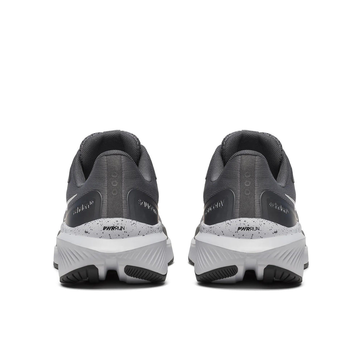 Pair of Saucony Echelon 10 X Wide men's road running shoes in Carbon/Black, back heel view